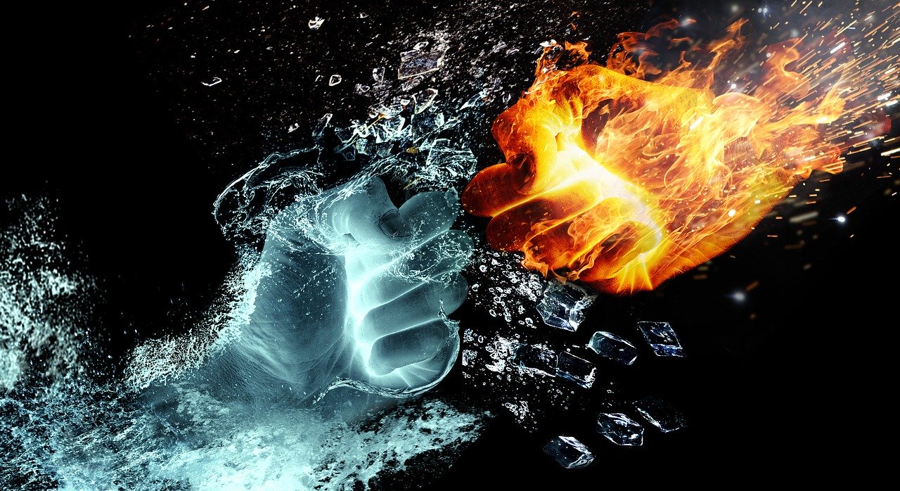 fire and water, fight, hands